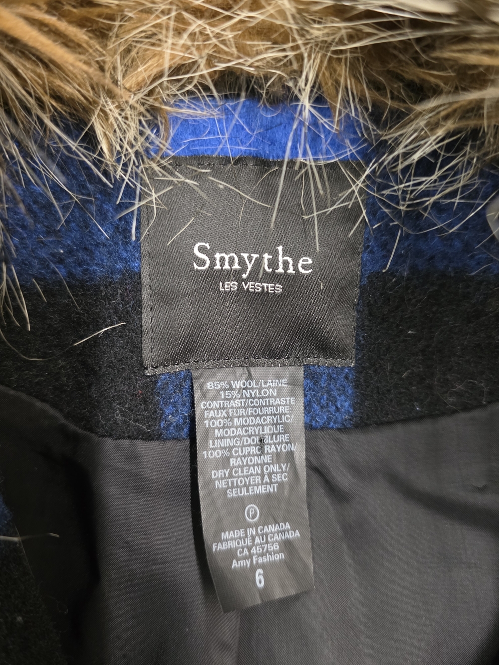 Smythe Wool Black & Electric Blue Buffalo Checks barn jacket with Faux Fur Trim - Picture 10 of 16